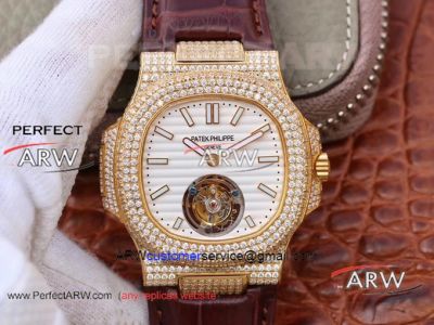 Perfect Replica Patek Philippe Nautilus Tourbillon Diamond Paved Case Yellow Gold Automatic Watch